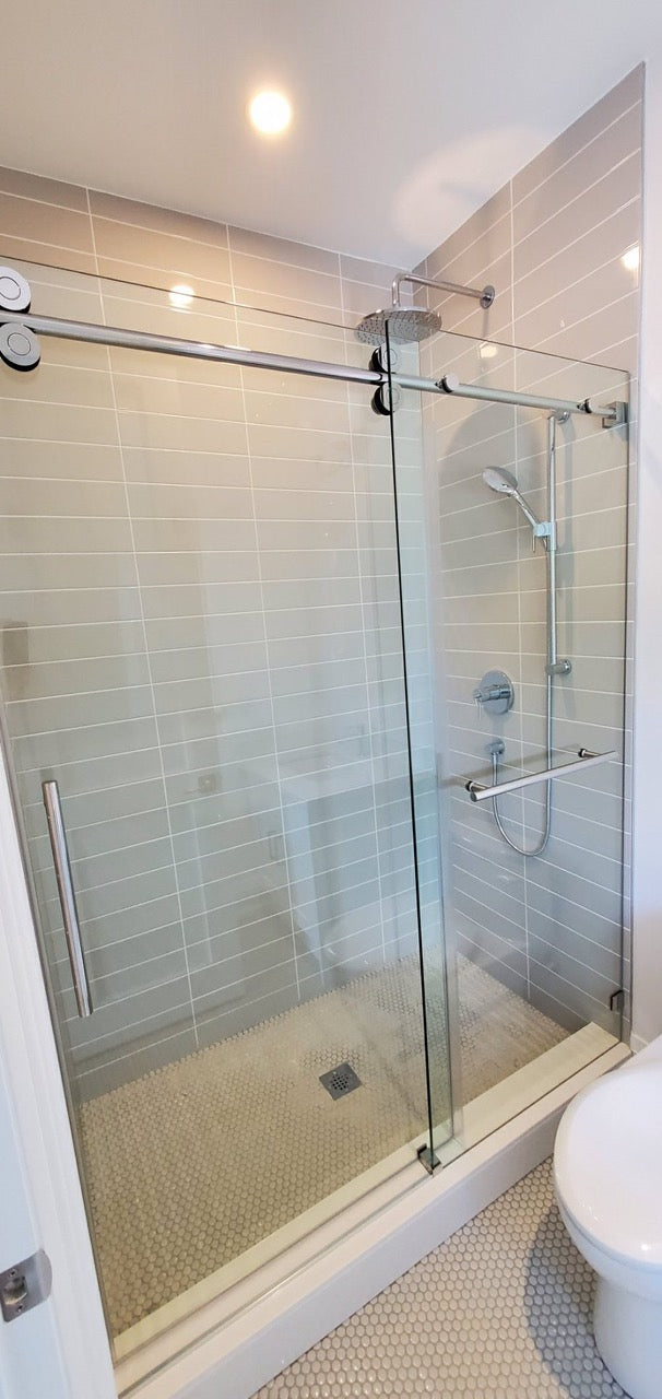 Chrome Frameless Slide Roller Shower Glass Door with Towel Bar 10mm si sanicanada