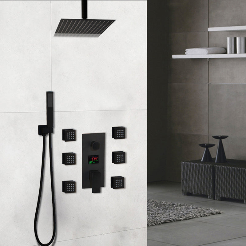 TOKYO-Black Square Ceiling Mount LED Temperature Thermostatic Control With 6 Body Jet Massage Sprayers Completed Shower Kit