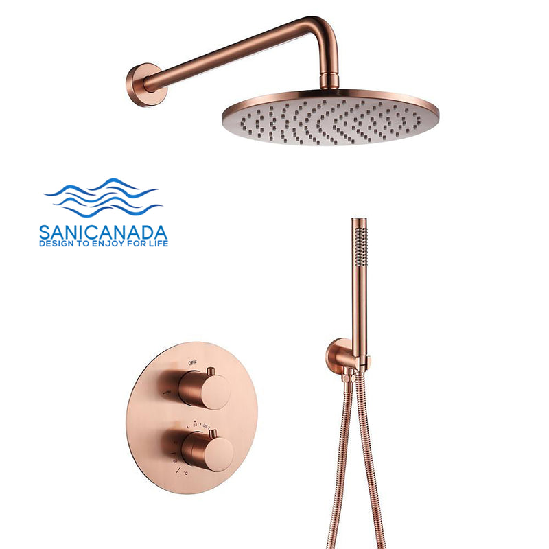 Brushed Rose Gold Satin  12" Round rain Head 2 Way Function Diverter with hand spray thermostatic  shower kit