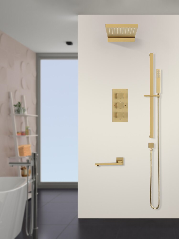 Brushed gold CSA Waterfall-Rain, Tub and hand Spray 4 way Function thermostatic shower kit