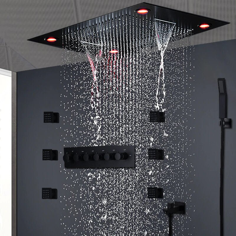 Monster Size 32" x 24" Inch LED Rain Spa Shower System -Matt Black Ceiling Flush Rain Head- Waterfall Shower Panel Head Thermostatic High Flow Shower with 6 body jets massage