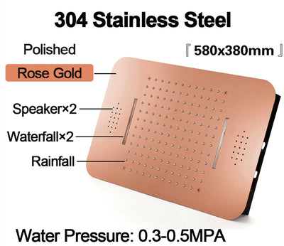 Rose Gold Polished Smart Shower WIFI Music LED Flushmount Ceiling Rain Head 23"x15" With Waterfall, Mist Spray and Thermostatic Hand Held Spray with 6 Body Jets Massage Sprayers shower spa system