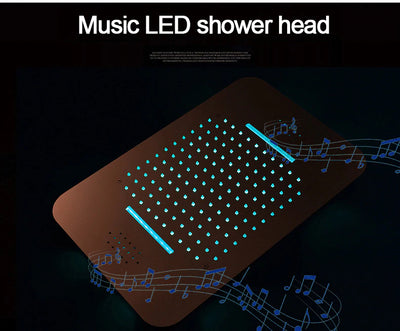 Rose Gold Polished Smart Shower WIFI Music LED Flushmount Ceiling Rain Head 23"x15" With Waterfall, Mist Spray and Thermostatic Hand Held Spray with 6 Body Jets Massage Sprayers shower spa system