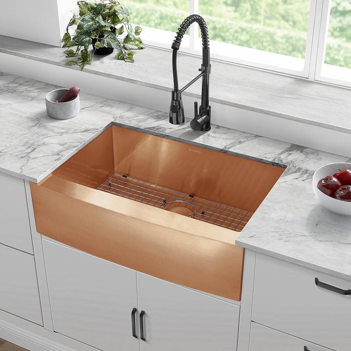Brushed Copper Rose Gold Stainless Steel Farmer Apron Single Bowl Kitchen Sink