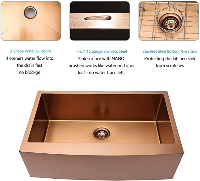 Brushed Copper Rose Gold Stainless Steel Farmer Apron Single Bowl Kitchen Sink