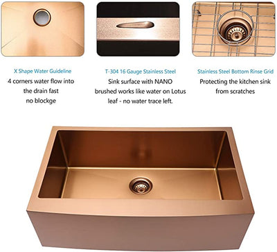 Rose Gold Stainless Steel Farmer Apron Single Bowl Kitchen Sink