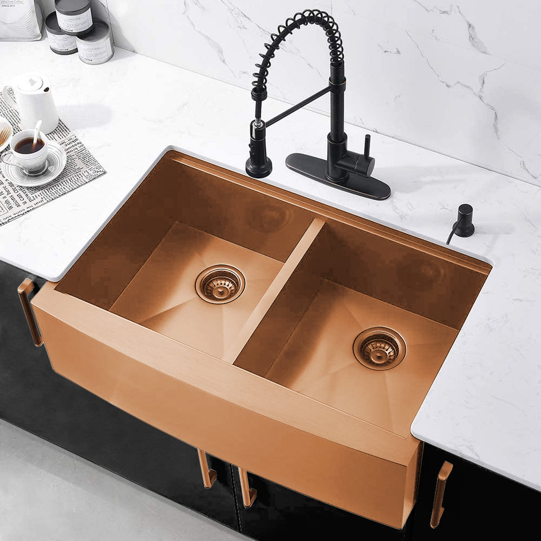 Cafe Brushed Copper Rose Gold Stainless Steel Farmer Apron 50-50 Double Bow Kitchen Sink 16 Gauge