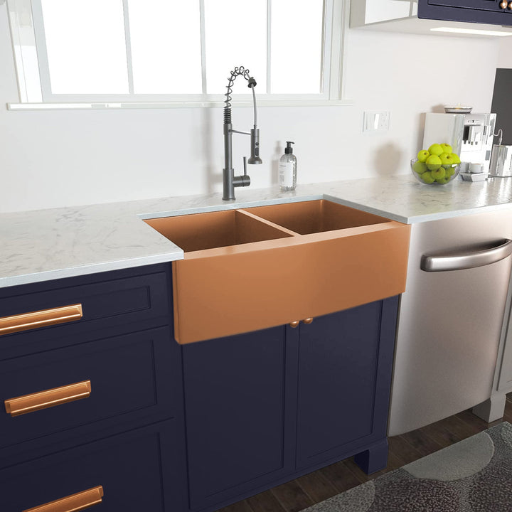 Cafe Brushed Copper Rose Gold Stainless Steel Farmer Apron 50-50 Double Bow Kitchen Sink 16 Gauge