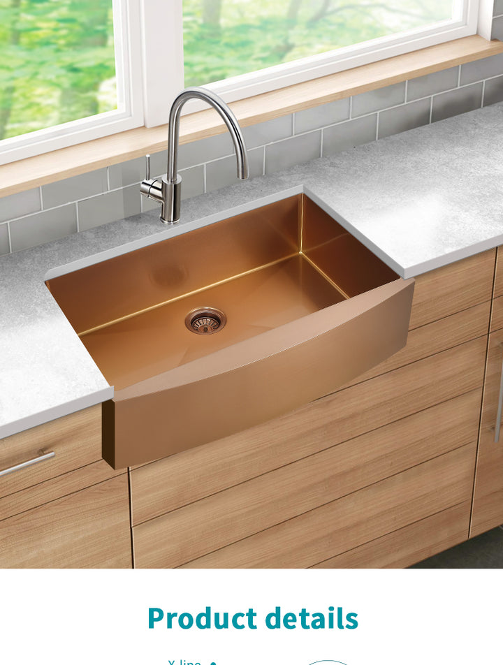 Brushed Copper Rose Gold Stainless Steel Farmer Apron Single Bowl Kitchen Sink