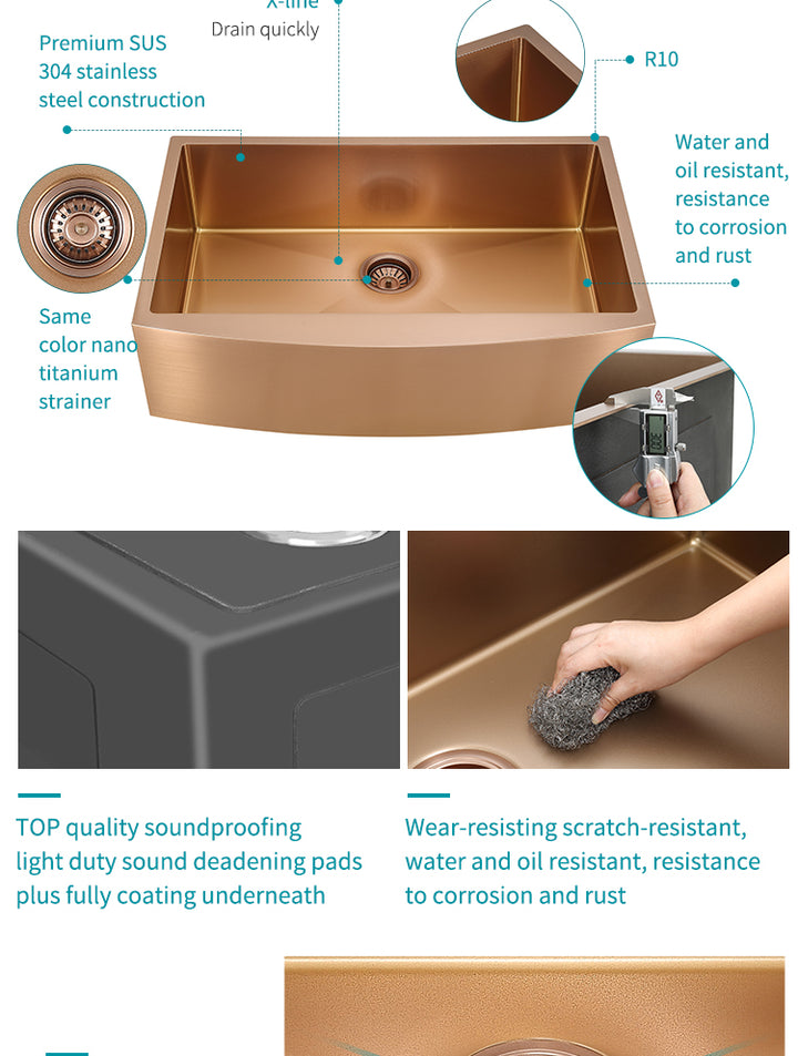 Brushed Copper Rose Gold Stainless Steel Farmer Apron Single Bowl Kitchen Sink