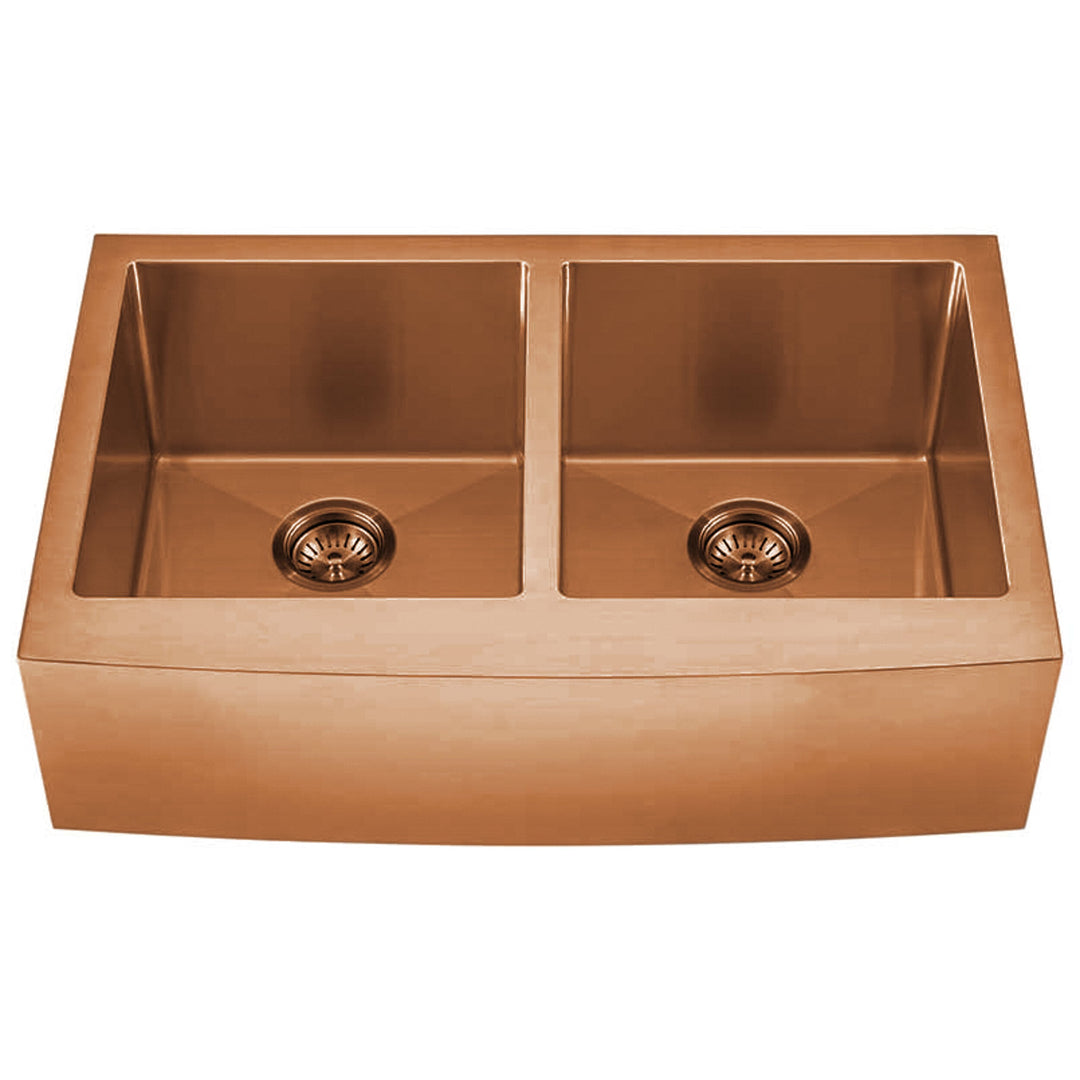 Cafe Brushed Copper Rose Gold Stainless Steel Farmer Apron 50-50 Double Bow Kitchen Sink 16 Gauge