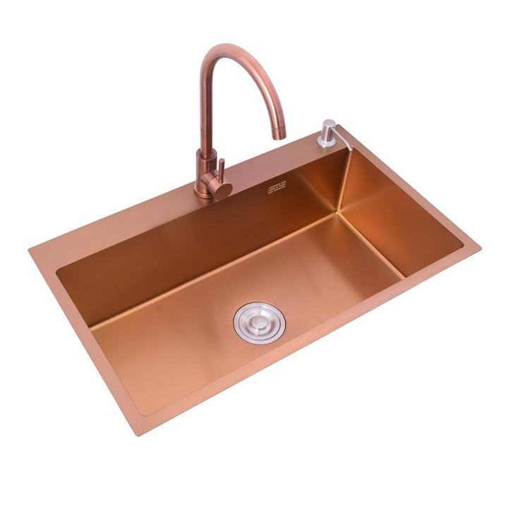 Cafe-Copper Brushed Rose Gold Top Mount Drop In Stainless Steel 16 Gauge -Single Bowl Kitchen Sink
