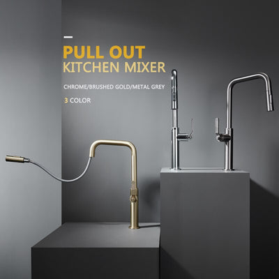 Nordic Design Brushed Gold-Grey Gun-Chrome Kitchen Faucet with Dual Sprayer
