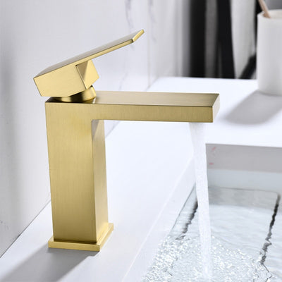 Brushed gold square single hole bathroom faucet