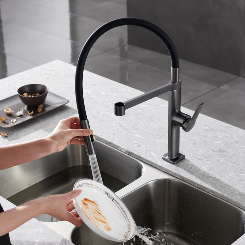 Barolo-Nordic design-Black with brushed gold -black matte-gun grey  tall 21" pull our dual spray kitchen faucet