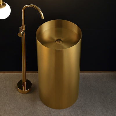Round Black- Brushed Gold Stainless Steel Floor Standing Pedestal Sink 31.5" X 15".5