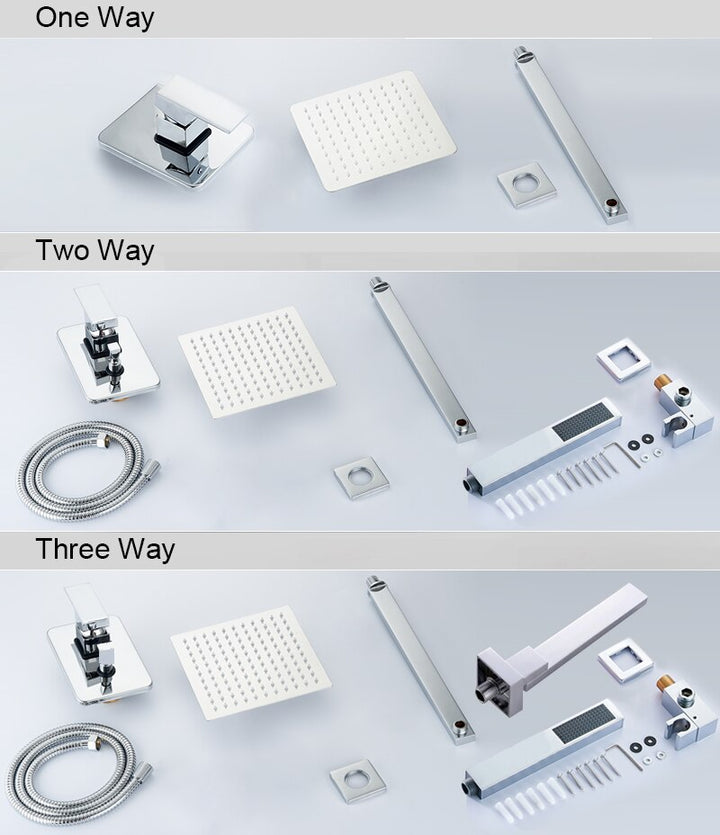 Chrome CSA square rain head 1-2 -3 way pressure balance shower kit