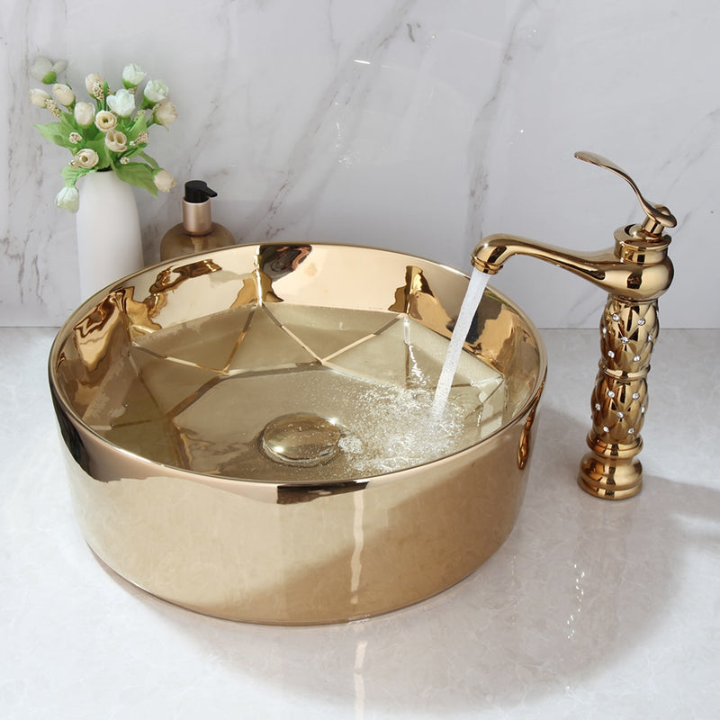 Gold polish ceramic round vessel sink 16"
