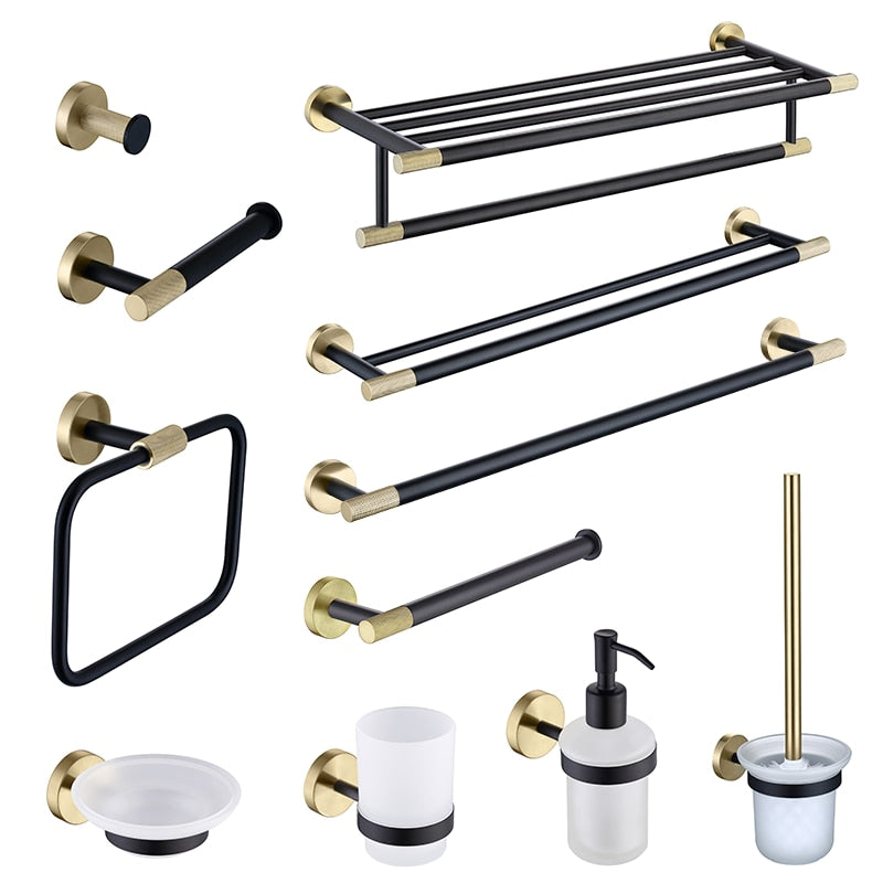 Black with brushed gold two tone bathroom accessories