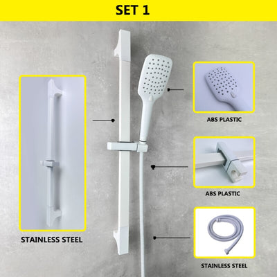 White matte square slide shower bar and spray set