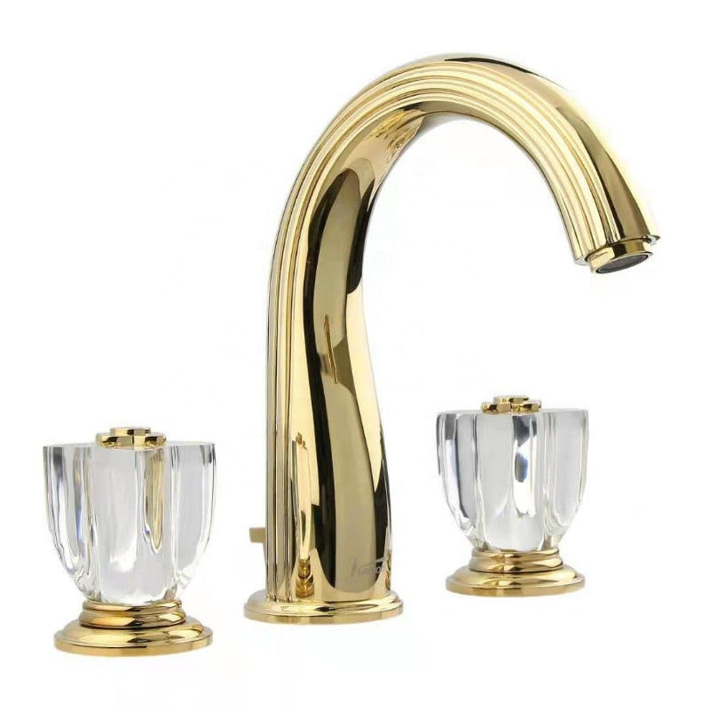 Palacio-Gold polished brass with crystal handles 8" inch wide spread bathroom faucet