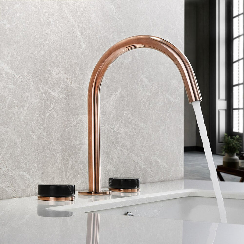 IBIZA 2-Rose gold with black marble round handles 8" inch wide spread bathroom faucet