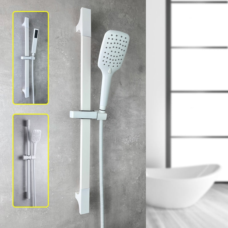 White matte square slide shower bar and spray set