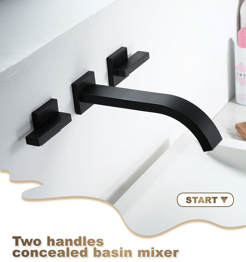 Black wall mounted 2 lever control wall mounted bathroom faucet