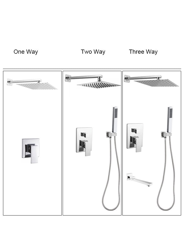 Chrome CSA square rain head 1-2 -3 way pressure balance shower kit