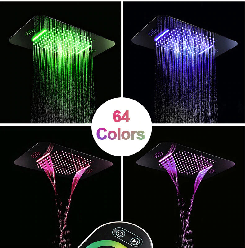 Gold Polished brass-Smart LCD Touch Control Display Shower Spa System Square Colorful LED Ceiling Flushmount Rainfall Waterfall SPA Thermostatic 5 Way Mixer and 6 Body Jets Sprayers Shower Kit