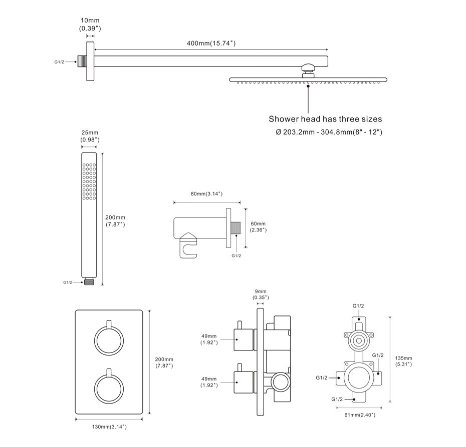 Black Thermostatic 2 Way Control Diverter Shower Kit