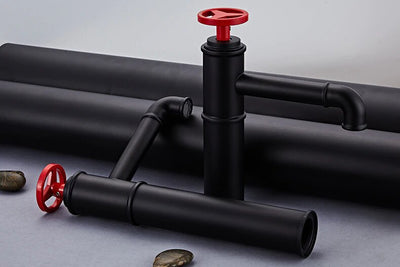 Black With Red Industrial Victoria Single Hole Tall and Short Bathroom Faucet