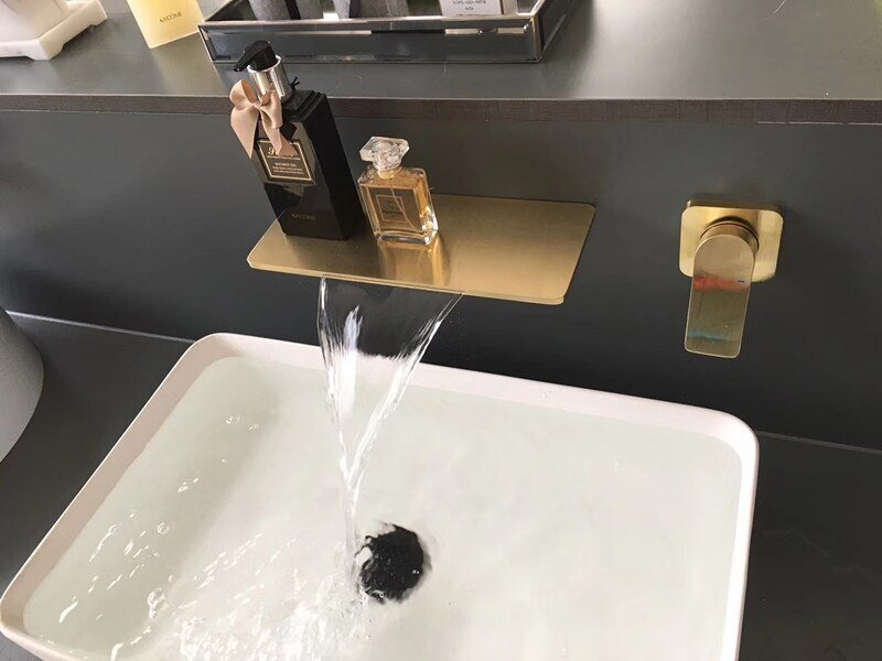 Brushed Gold Wall Mount Waterfall Bathroom Faucet
