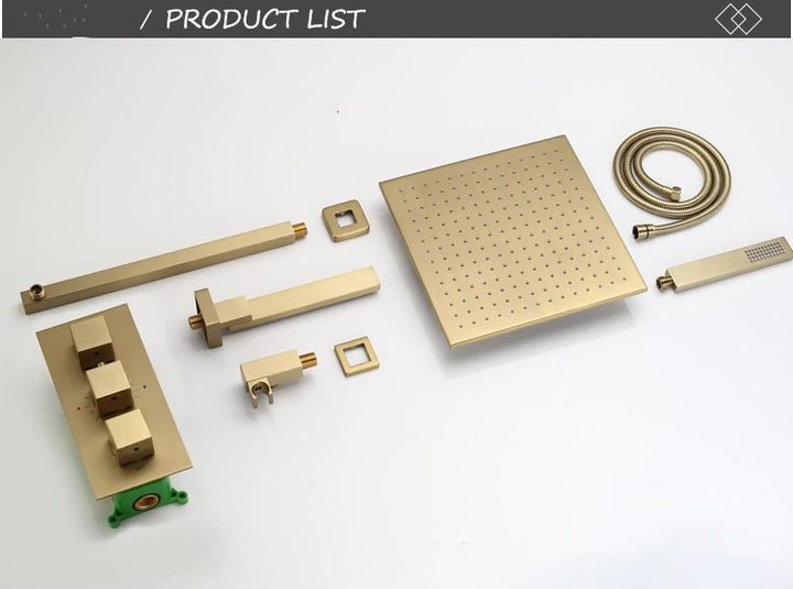 Brushed Gold CSA Thermostatic Rain and Tub Filler 3 Way Diverter Shower Kit