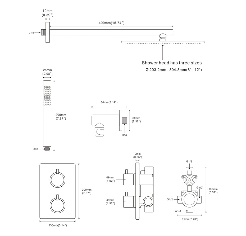 Rose Gold polished Square -3 way function diverter for tub,shower and hand spray completed shower kit