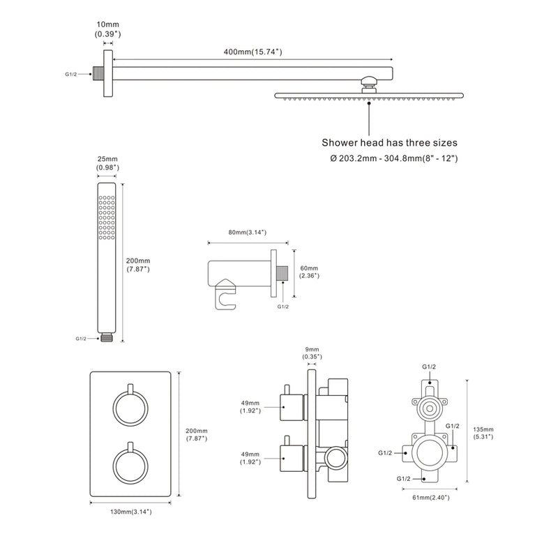 Rose Gold polished Square -3 way function diverter for tub,shower and hand spray completed shower kit