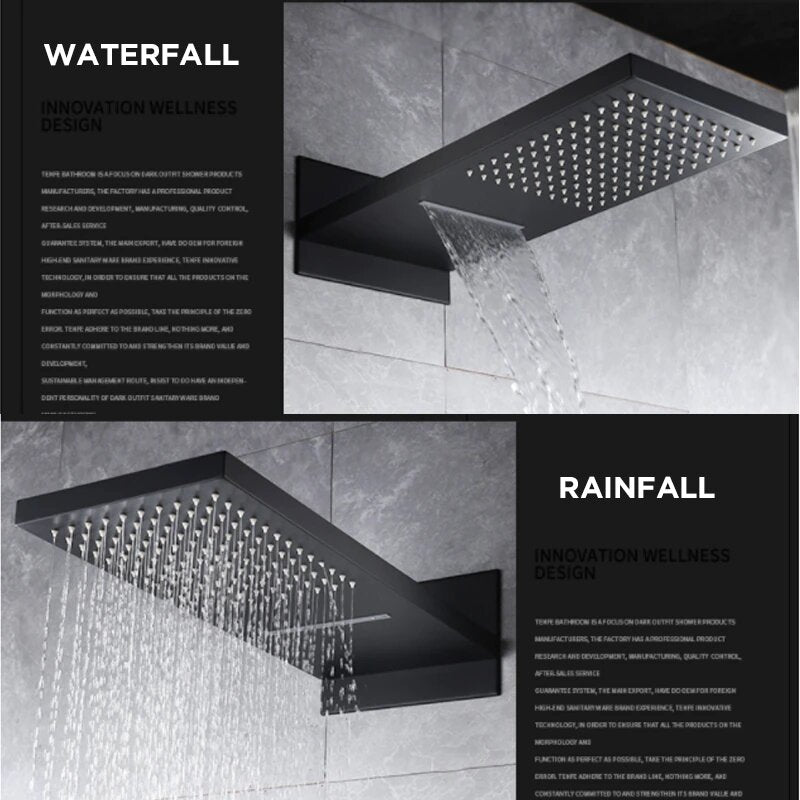 CSA-Black Thermostatic Waterfall Head Wall Holder Mixer Tap Bath 4-way Thermostatic Shower kit