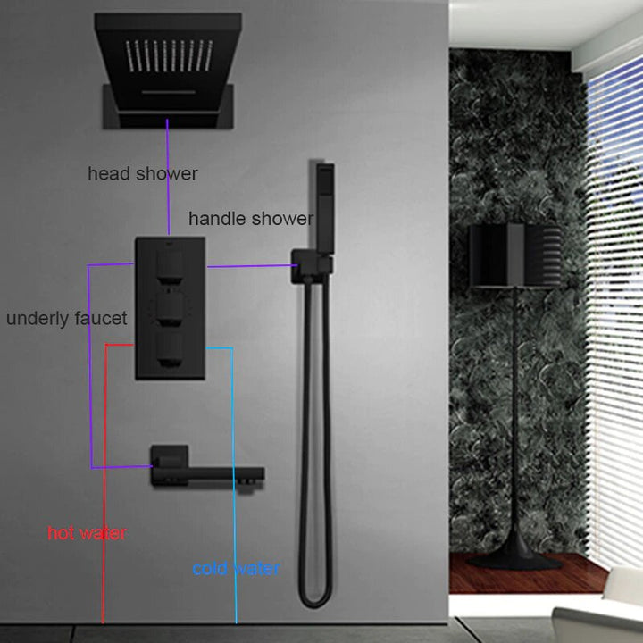 CSA-Black Thermostatic Waterfall Head Wall Holder Mixer Tap Bath 4-way Thermostatic Shower kit