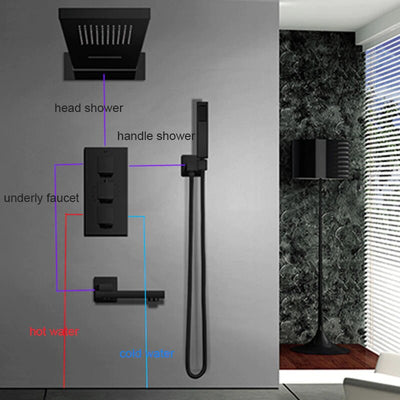 Black Thermostatic Waterfall Head Wall Holder Mixer Tap Bath 4-way Thermostatic Shower kit