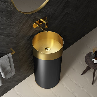 Brushed gold with Black Round Stainless Steel Floor Standing Pedestal Sink 31".5 X 15".5
