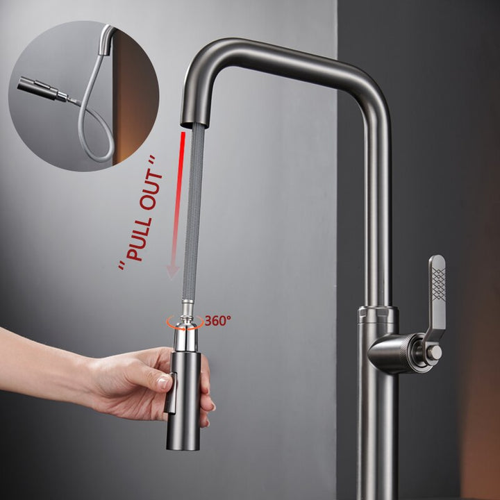 Nordic Design Brushed Gold-Grey Gun-Chrome Kitchen Faucet with Dual Sprayer