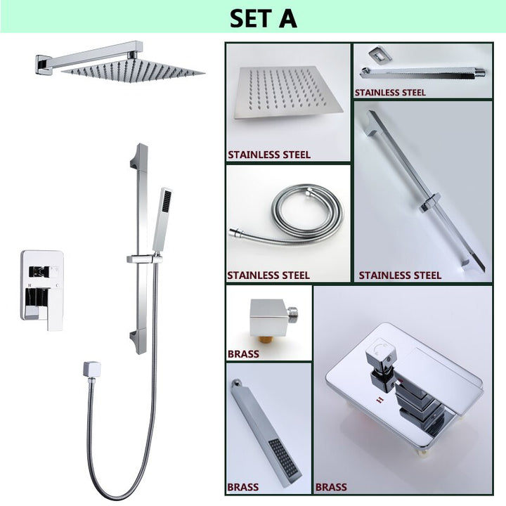 CSA certified-Chrome Square 12" Inch Rain Head Pressure Balance 2 way Function Diverter with slide bar Shower Kit