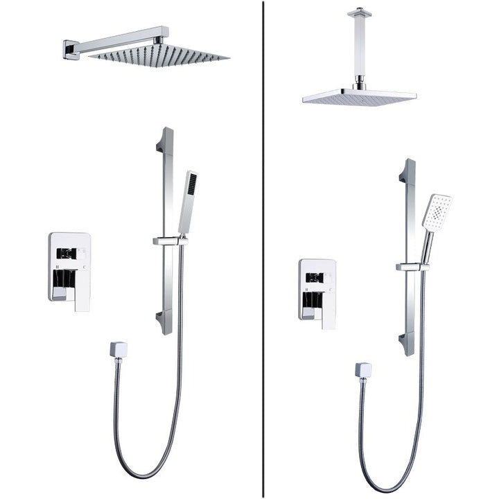 CSA certified-Chrome Square 12" Inch Rain Head Pressure Balance 2 way Function Diverter with slide bar Shower Kit