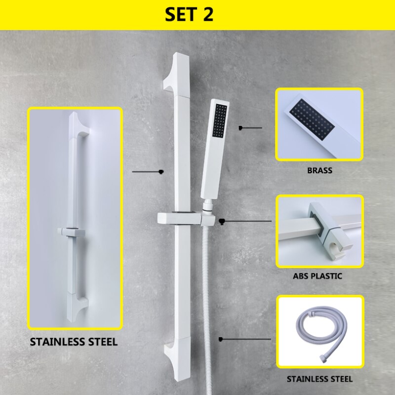 White matte square slide shower bar and spray set