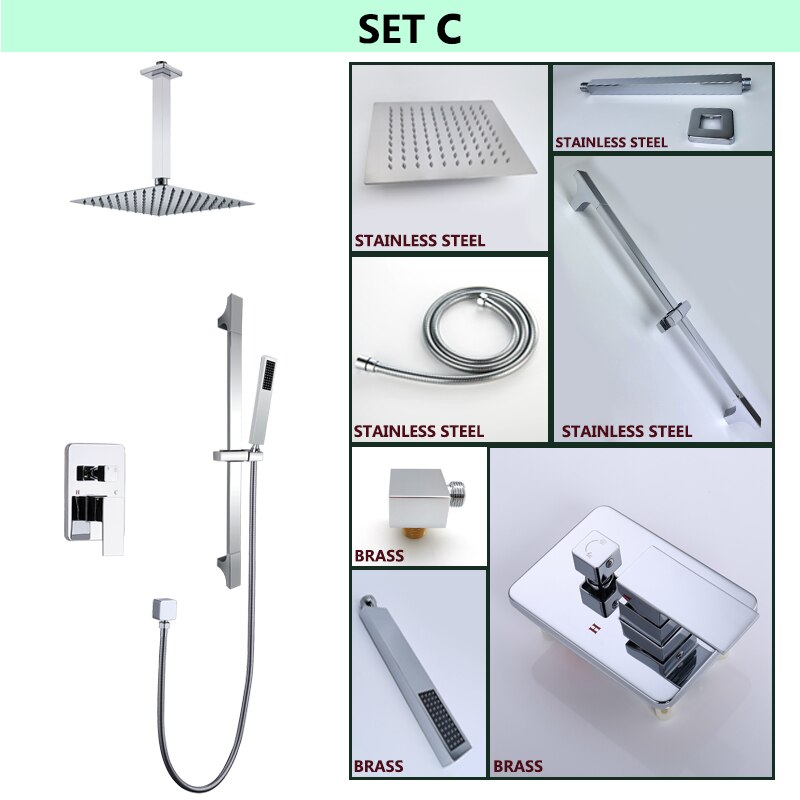 CSA certified-Chrome Square 12" Inch Rain Head Pressure Balance 2 way Function Diverter with slide bar Shower Kit