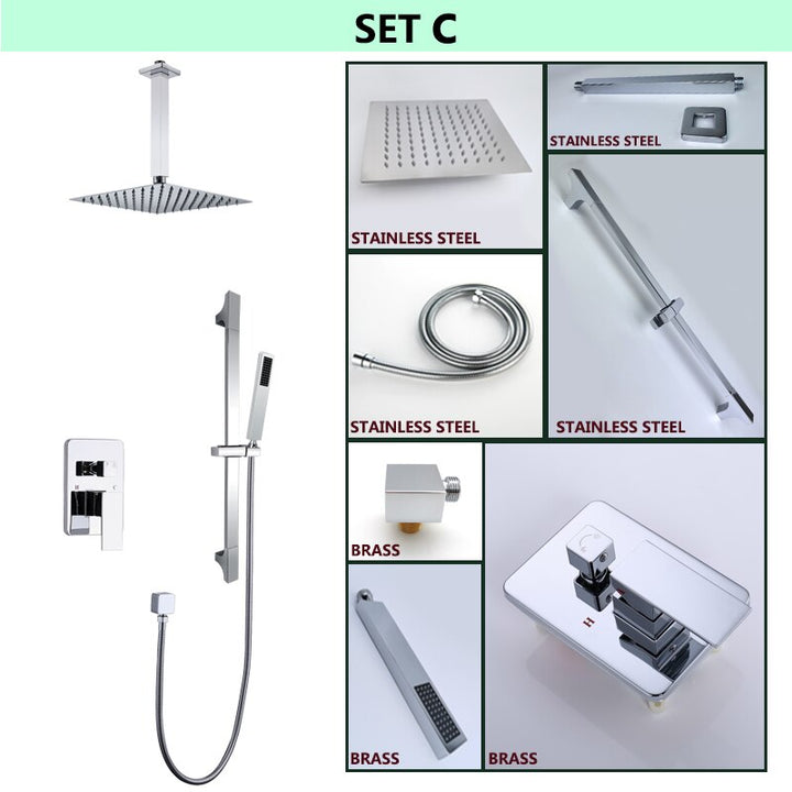 CSA certified-Chrome Square 12" Inch Rain Head Pressure Balance 2 way Function Diverter with slide bar Shower Kit