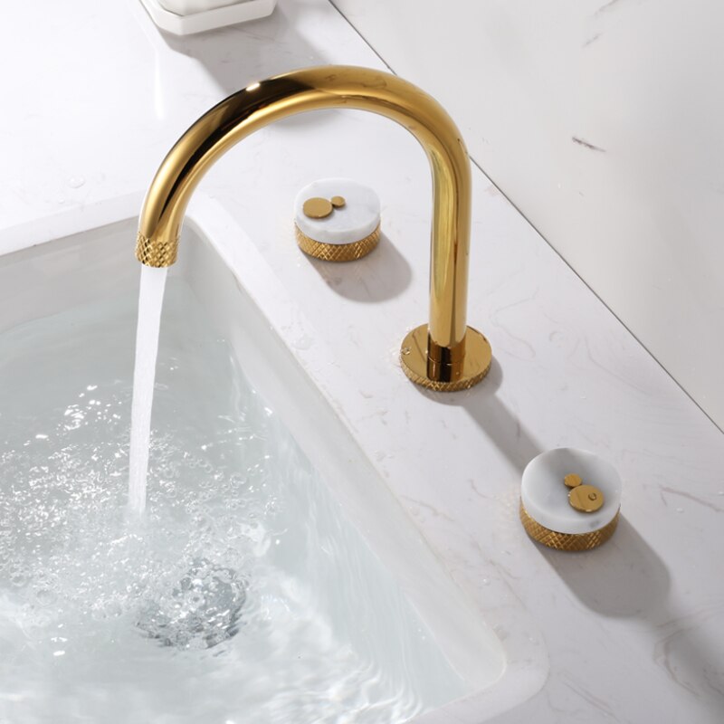 Nordic Gold polished with marble handles 8" inch wide spread bathroom faucet