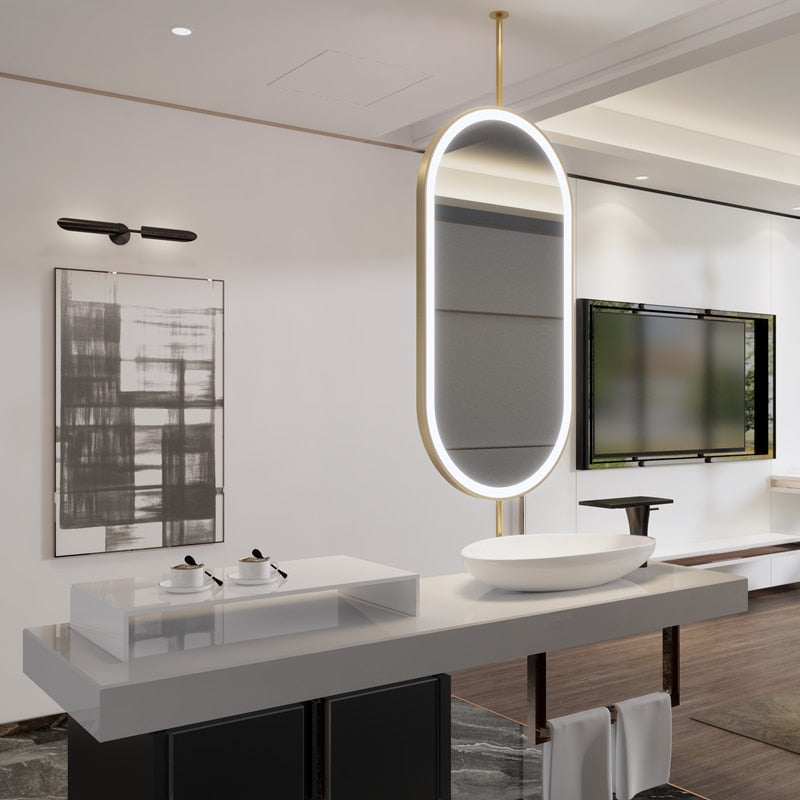 Custom-Double side Mirror-Brushed Gold-Oval Suspended Ceiling Mount Double Side LED Bathroom Mirror