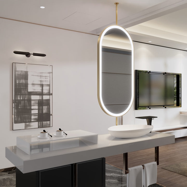 Custom-Double side Mirror-Brushed Gold-Oval Suspended Ceiling Mount Double Side LED Bathroom Mirror