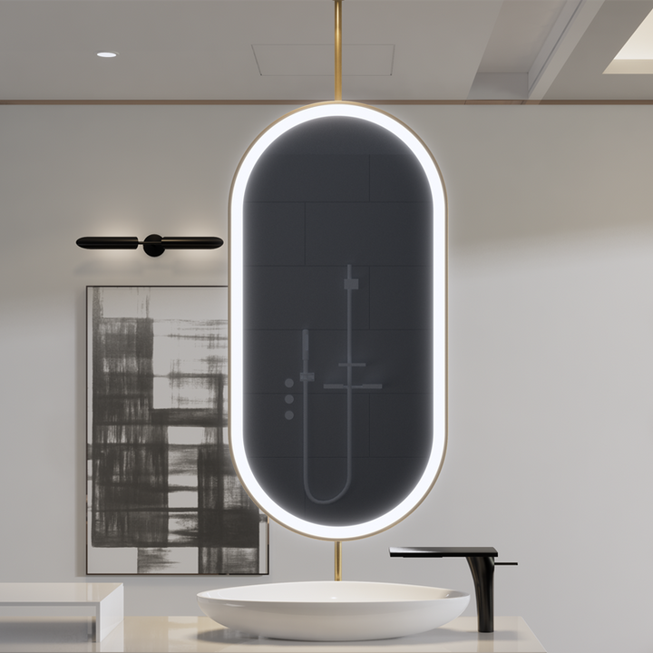 Custom-Double side Mirror-Brushed Gold-Oval Suspended Ceiling Mount Double Side LED Bathroom Mirror